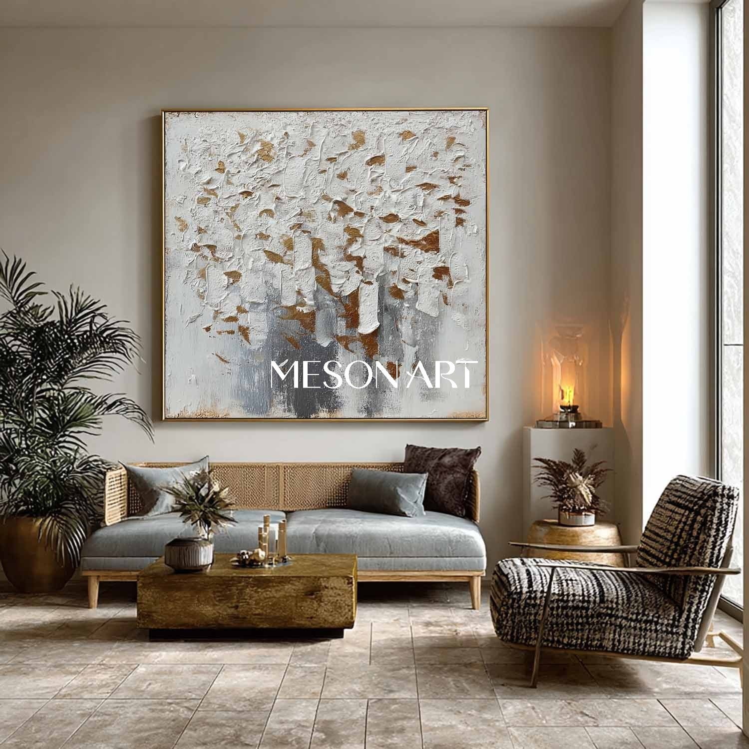 Modern Geometric Abstract Wall Art Textured White Grey Brown Wabi-Sabi Canvas