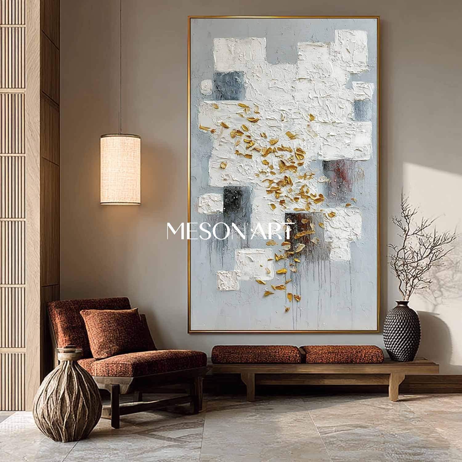 Vertical Abstract Painting White Blocks with Gold Textured Wall Art