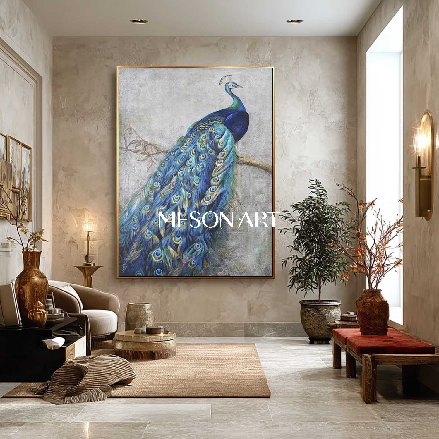 Luxury Blue Peacock Wall Art Large Modern Hand-Painted Canvas Painting