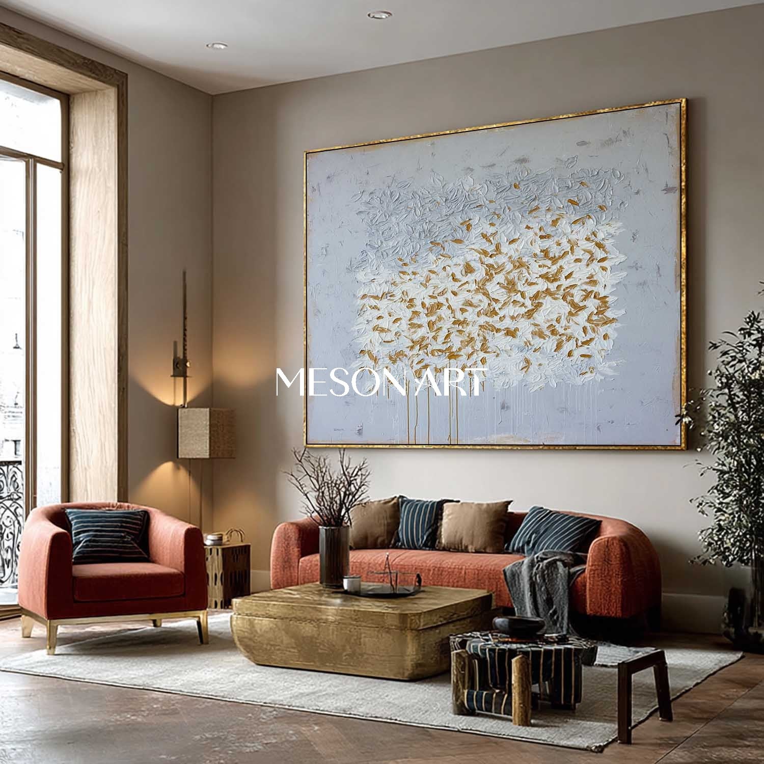 Abstract Expressionist Horizontal Painting Grey White Gold Canvas Art