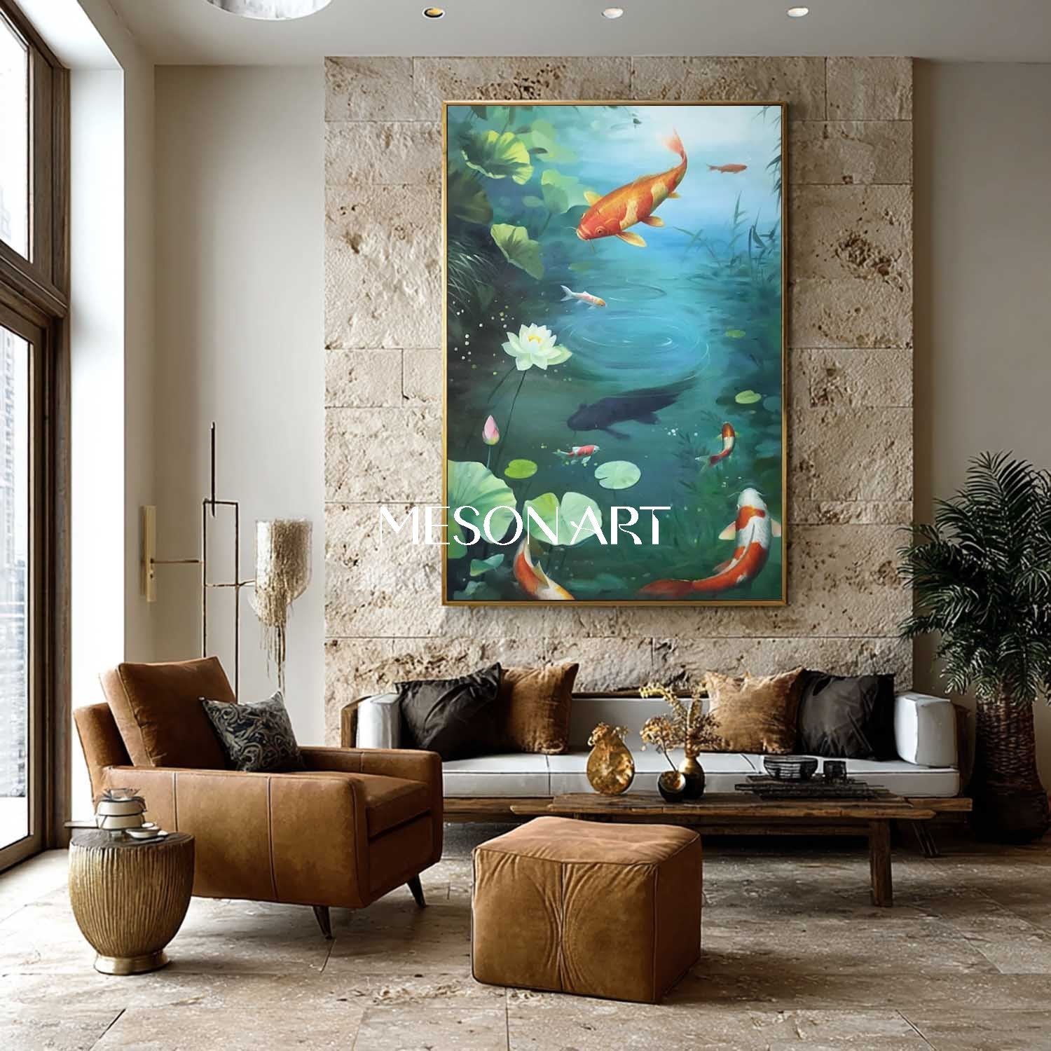 Tranquil Oil Painting Blue Pond Koi Fish Zen Interiors Wall Art Decor