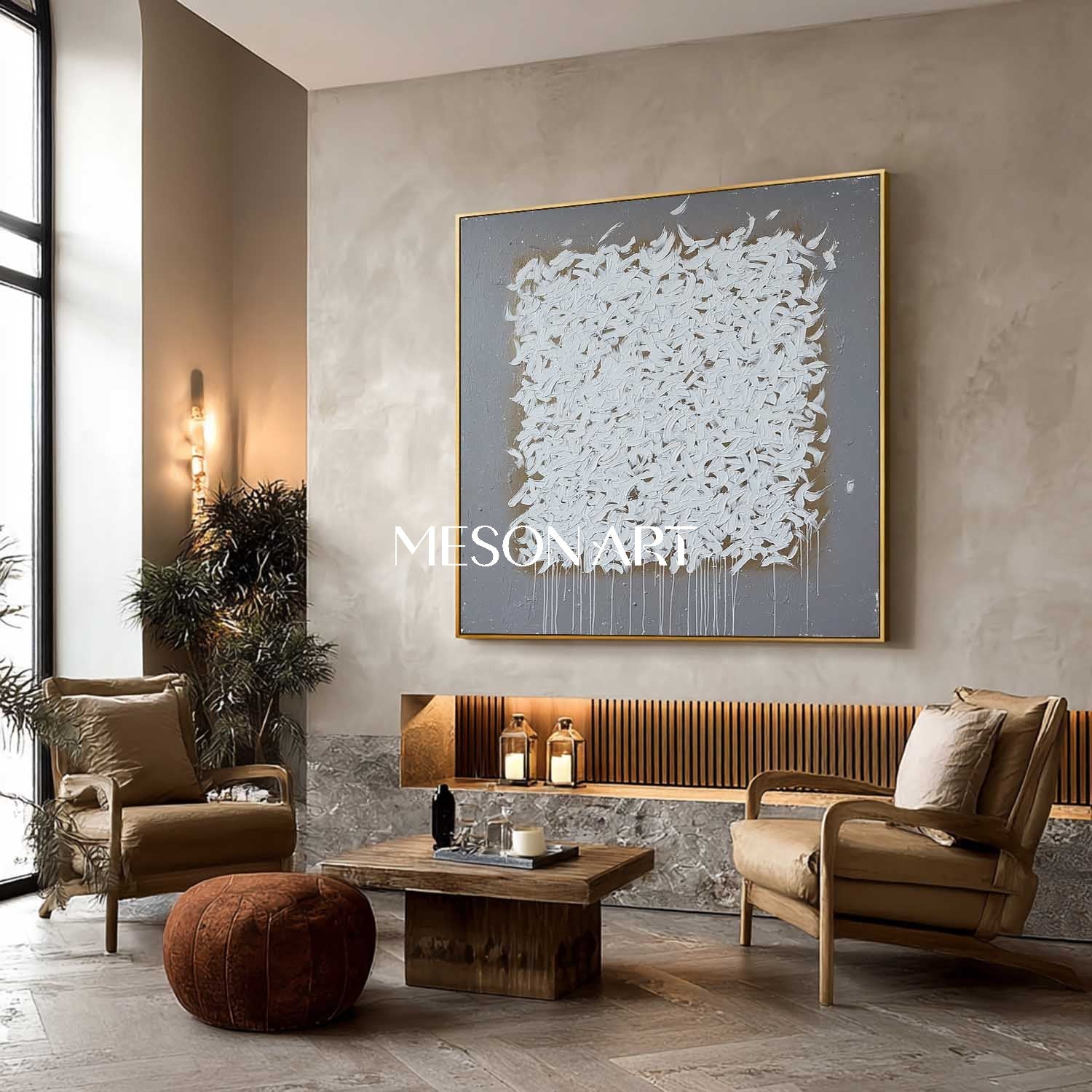 Wabi-Sabi Abstract Oil Painting White Brush Strokes Grey Canvas Art