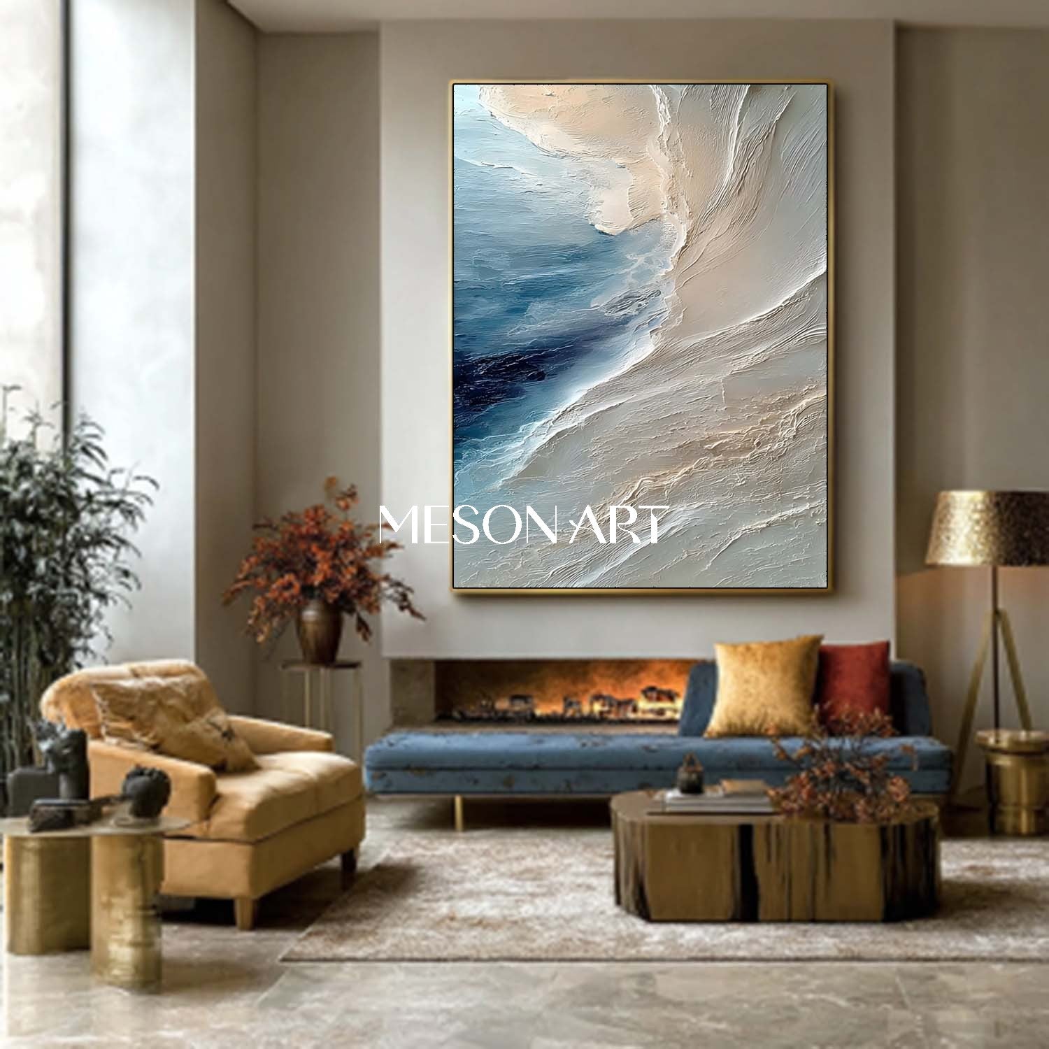 Large 3D Beige and Blue Coastal Beach Texture Canvas Wall Art Painting