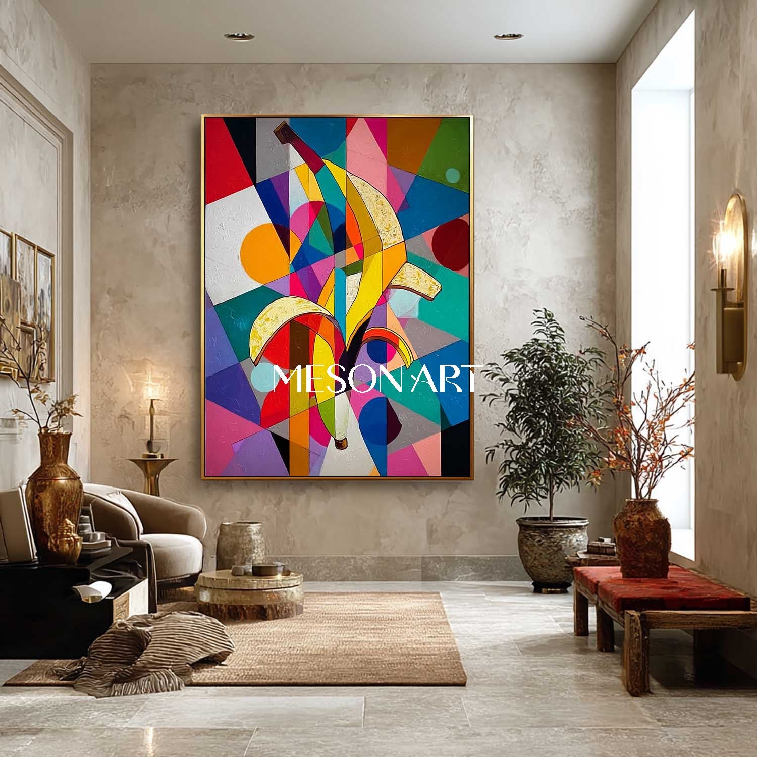 Modern Pop Art Banana Painting Vibrant Geometric Canvas Living Room