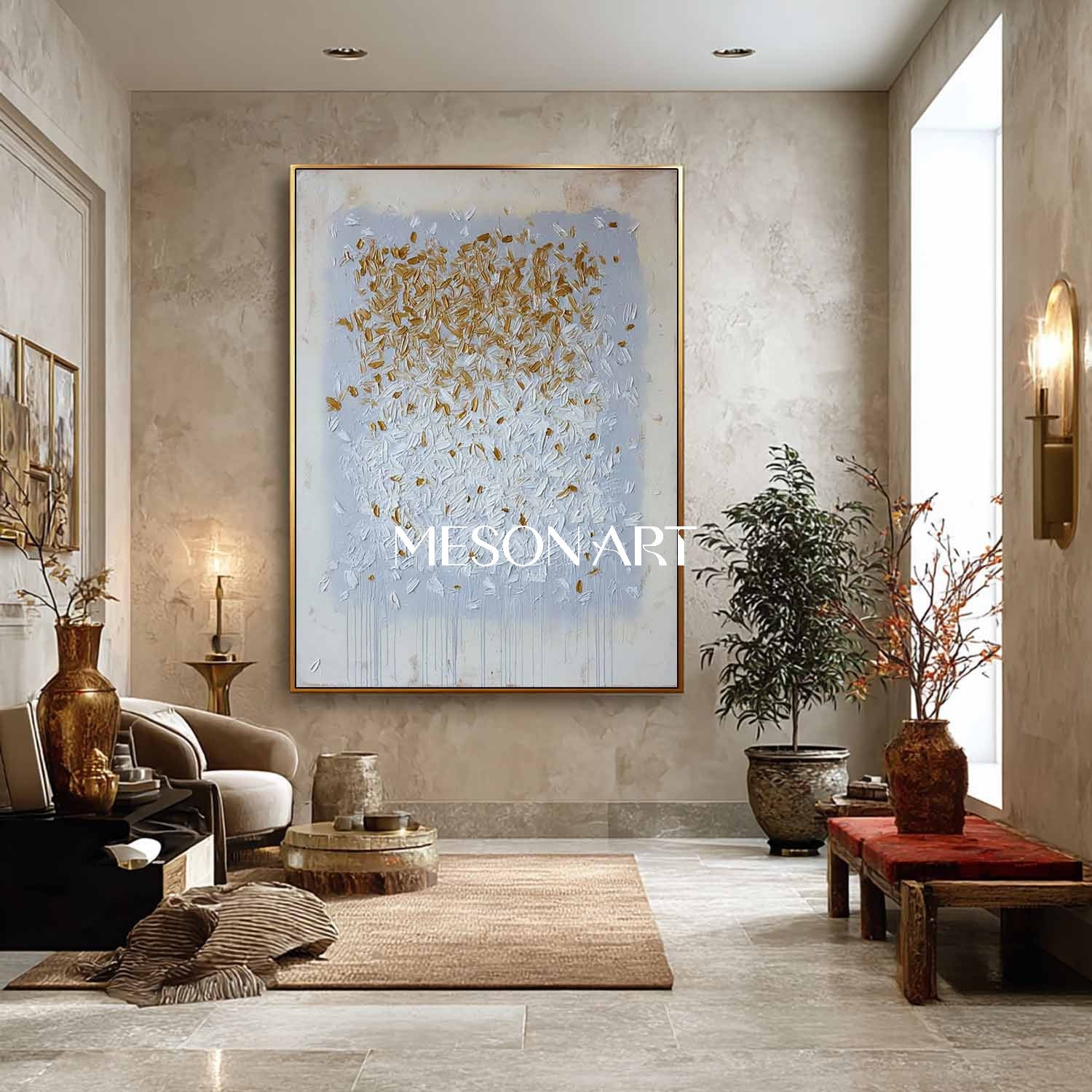 Modern Abstract Oil Painting Grey White Gold Luxury Contemporary Decor