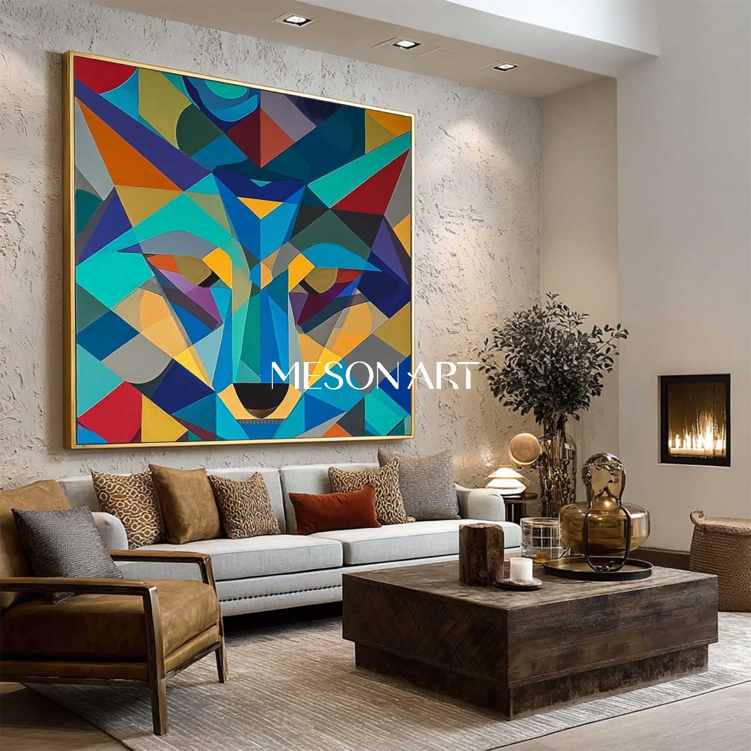 Geometric Wolf Abstract Painting Modern Colorful Animal Wall Art