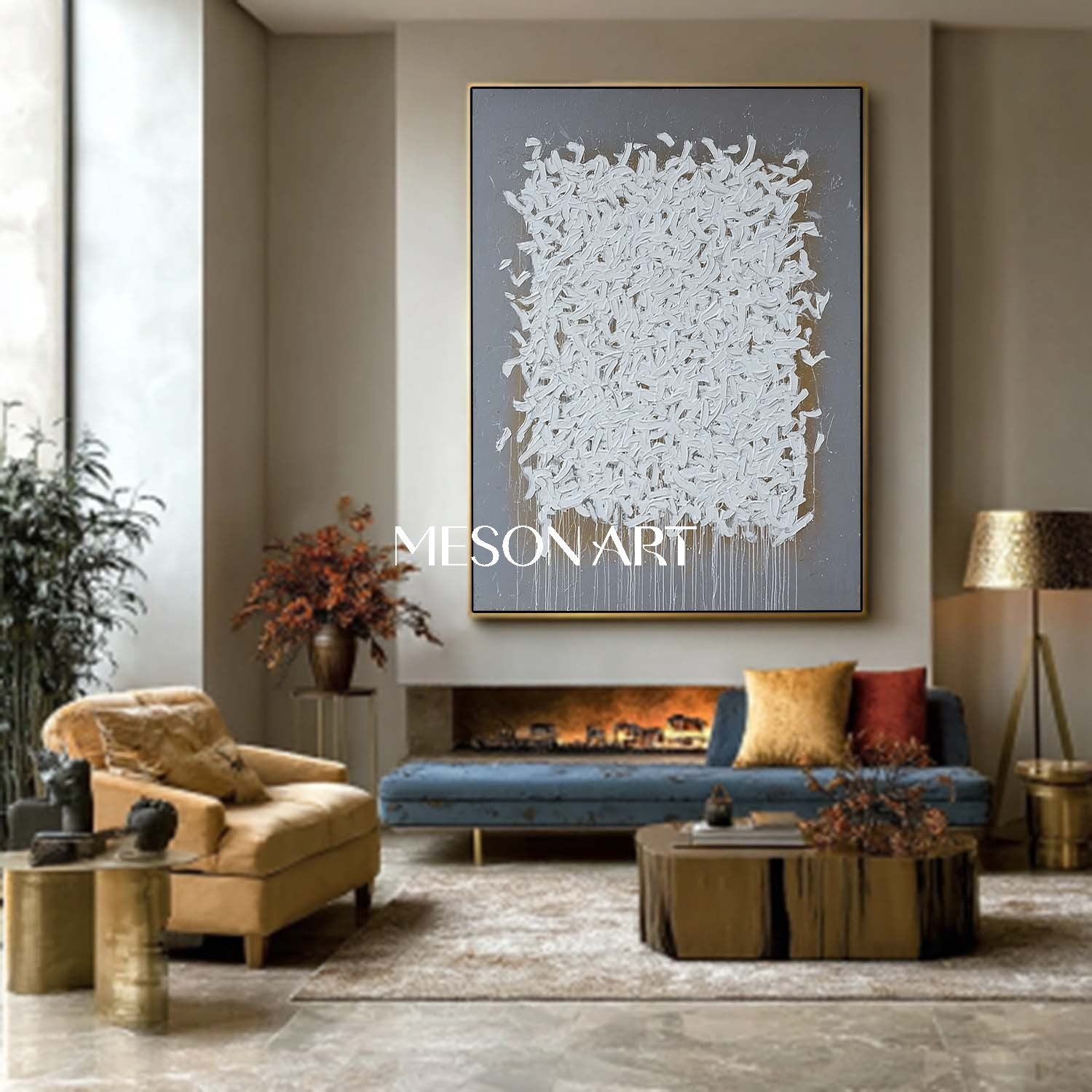 Wabi-Sabi Abstract Painting White Brush Strokes Grey Minimalist Canvas