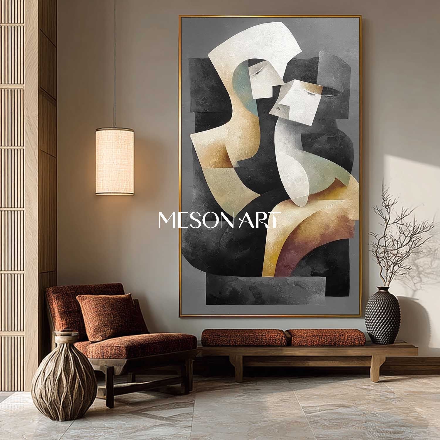 Modern Abstract Textured Canvas Black Couple Neutral Palette Artwork