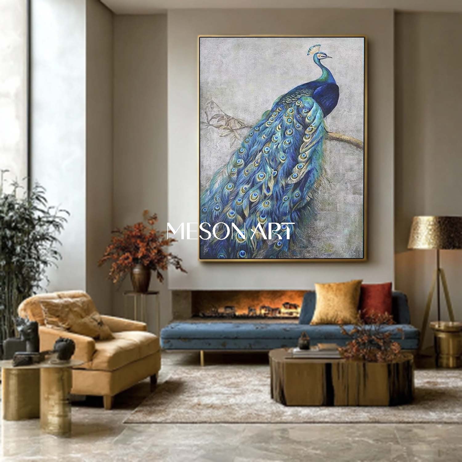 Luxury Blue Peacock Wall Art Large Modern Hand-Painted Canvas Painting