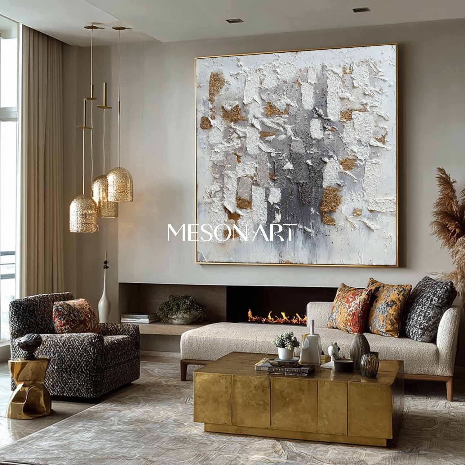 Geometric Abstract Wabi-Sabi Painting Textured White Grey Gold Canvas