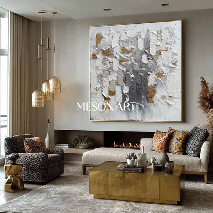 Geometric Abstract Wabi-Sabi Painting Textured White Grey Gold Canvas