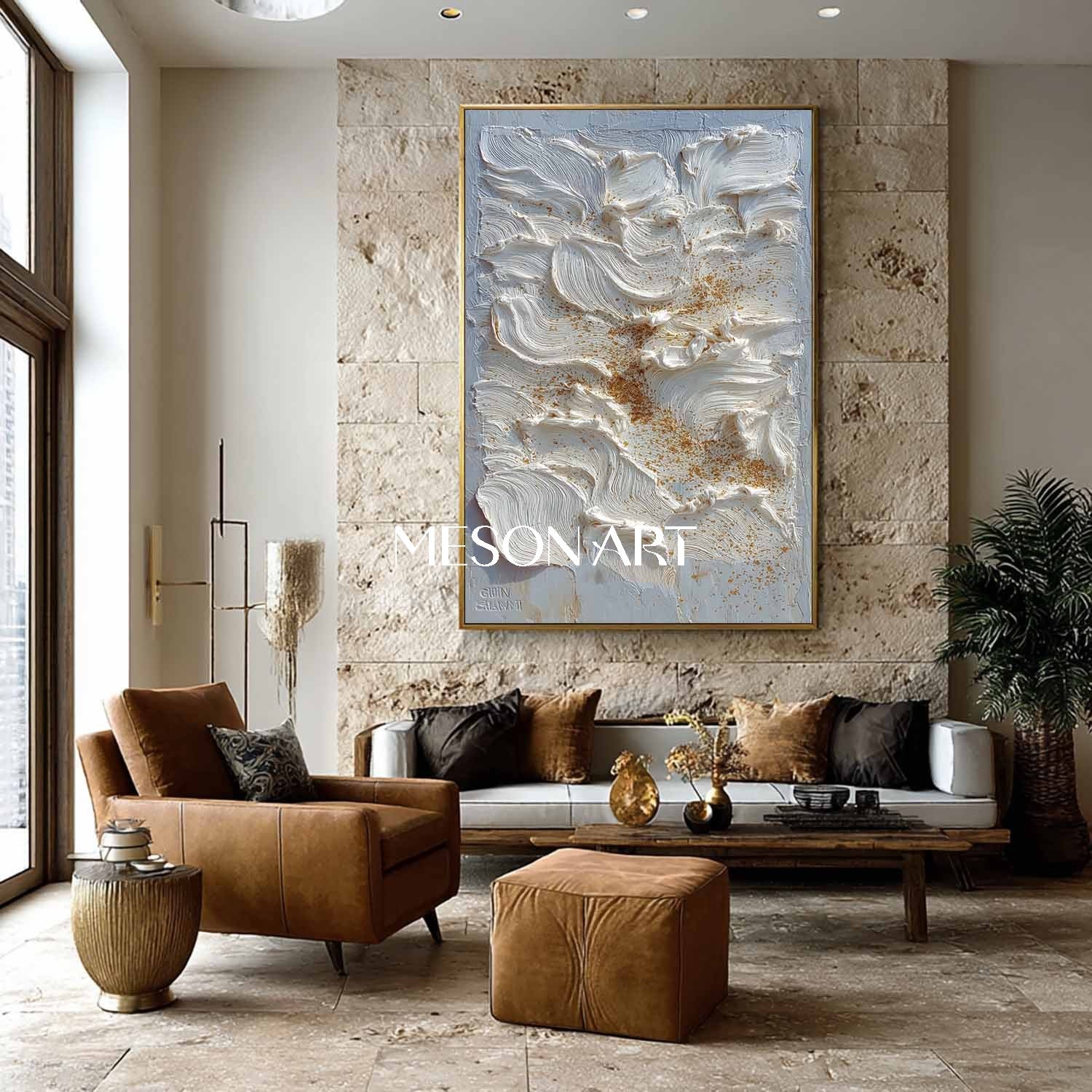 Large Vertical Impasto Painting White Texture Canvas with Gold Accents