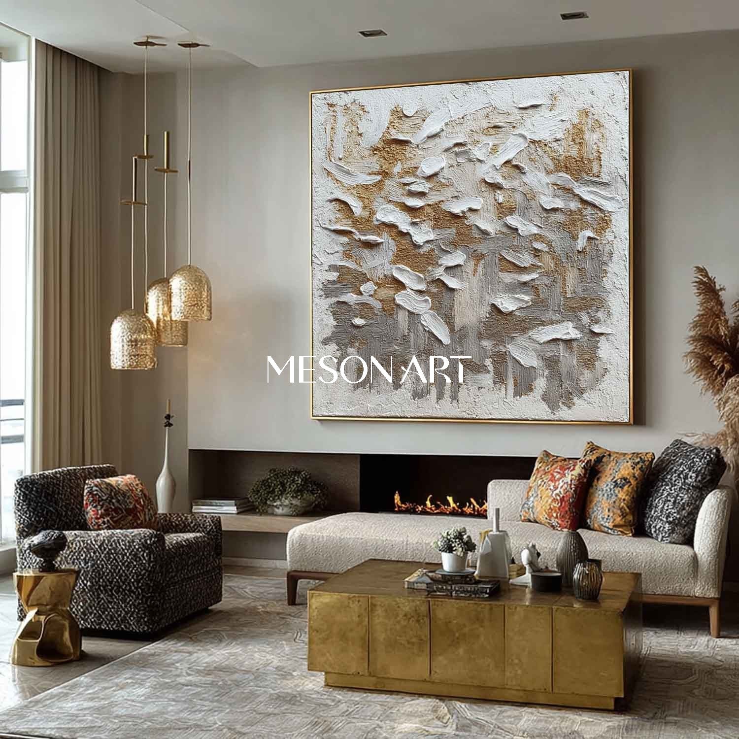 Wabi-Sabi Abstract Art Minimalist Gold Gray White Textured Canvas