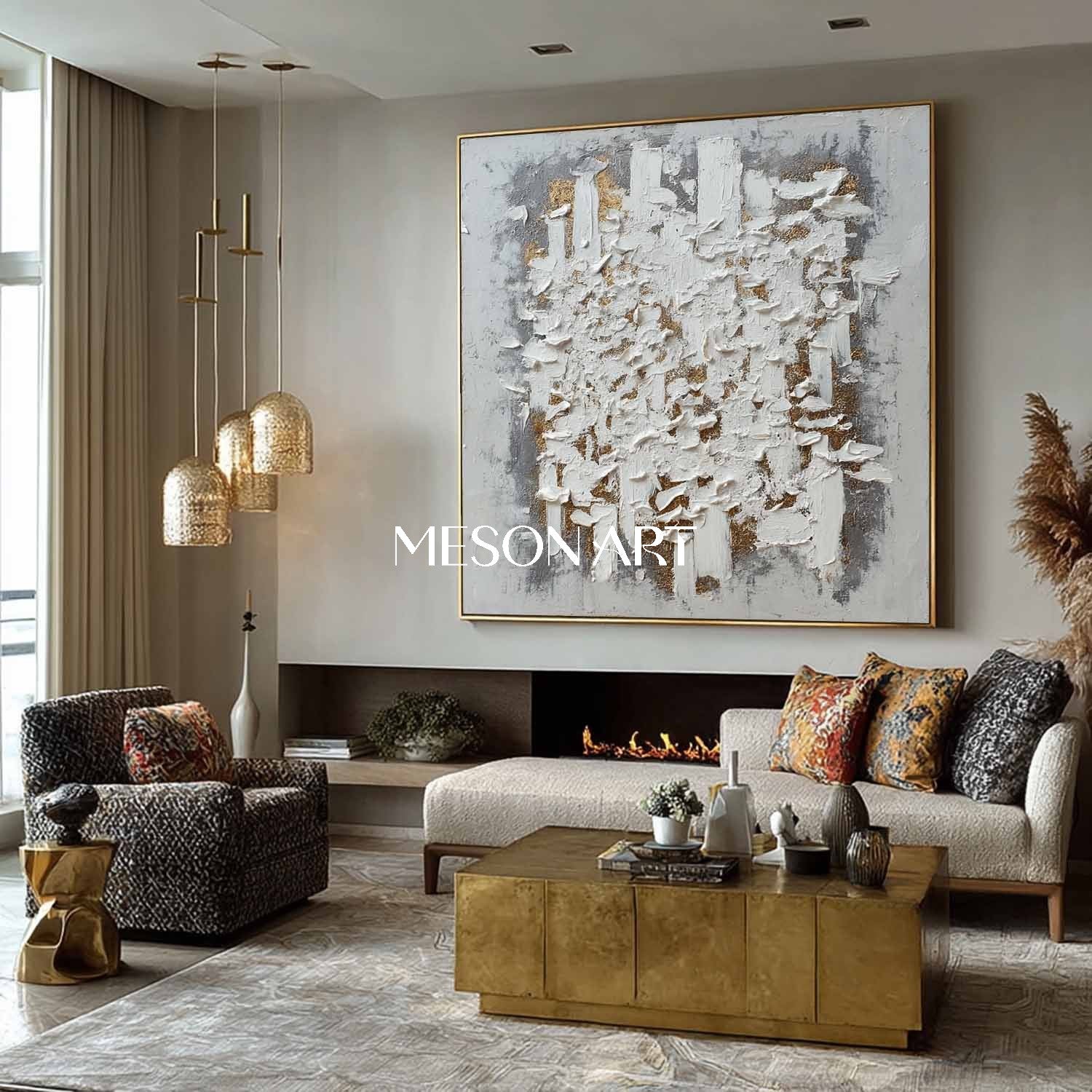 Wabi-Sabi Abstract Painting Textured Canvas White Gold Modern Wall Art
