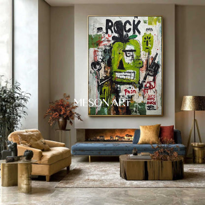 Original Rock Basquiat Inspired Green Abstract Painting Urban Wall Art