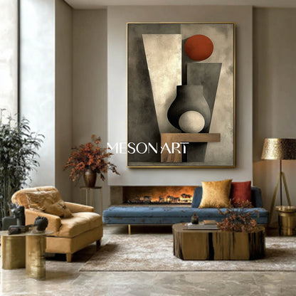 Gray Abstract Modern Geometric Impasto Framed Art Living Room Wall Decor