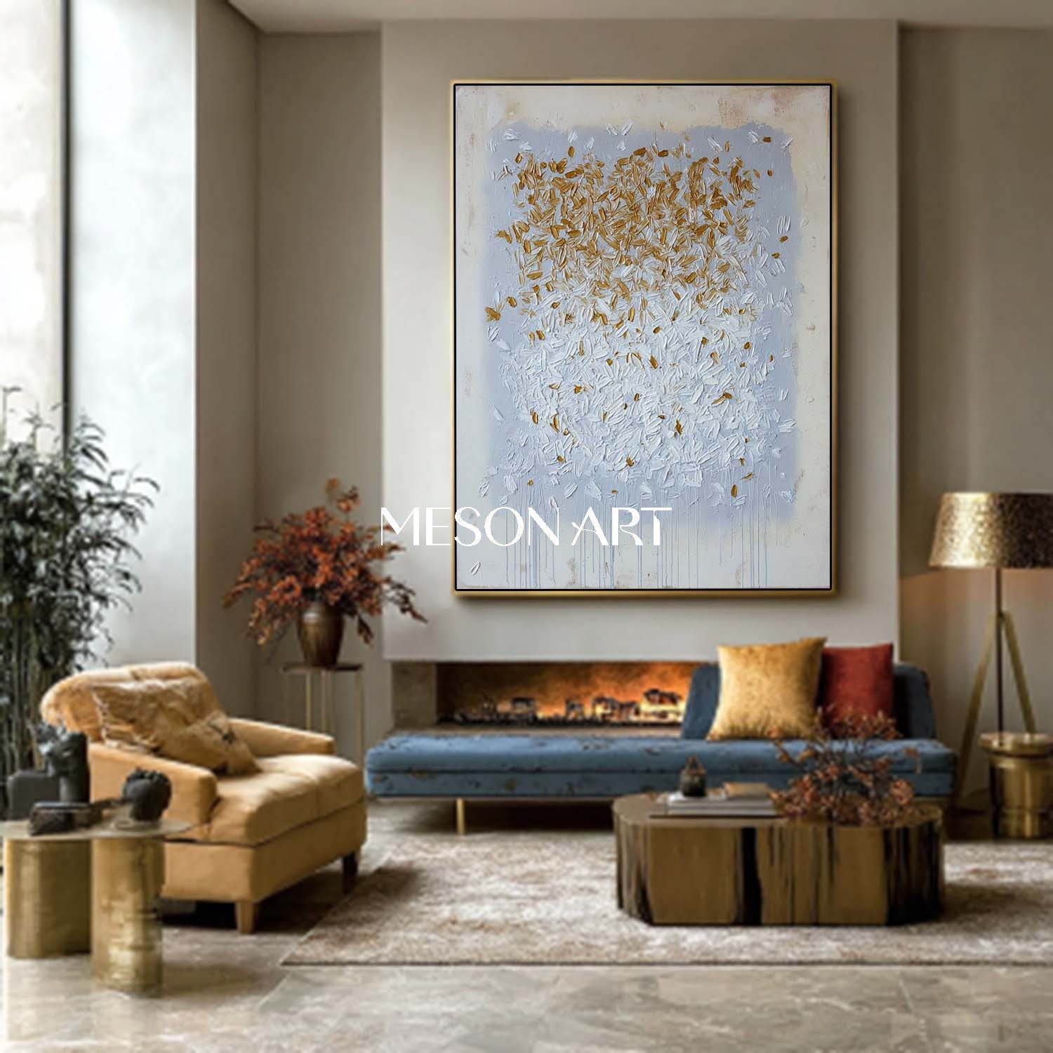 Modern Abstract Oil Painting Grey White Gold Luxury Contemporary Decor