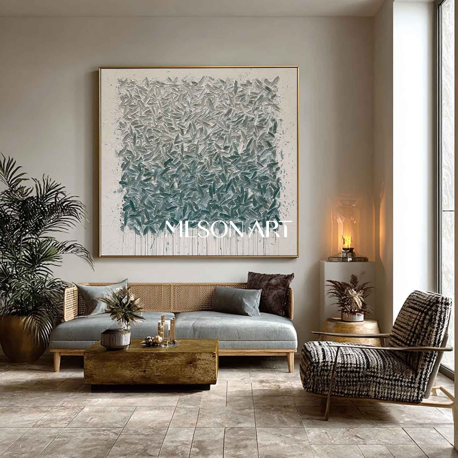 Teal Abstract Wall Art Textured Blue-Green Wabi-Sabi Canvas Painting