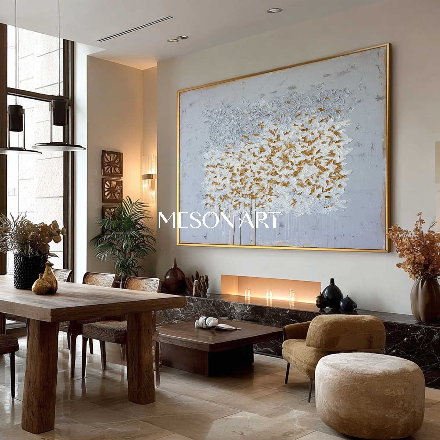 Abstract Expressionist Horizontal Painting Grey White Gold Canvas Art