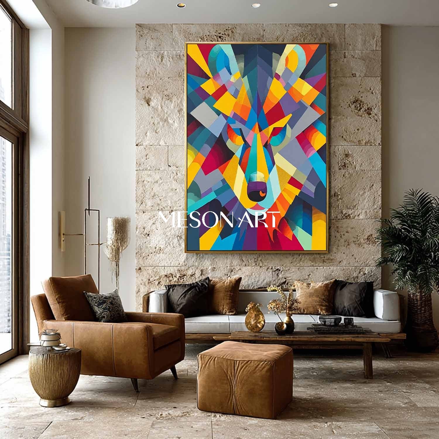 Pop Cubism Wolf Painting Geometric Colorful Abstract Animal Artwork
