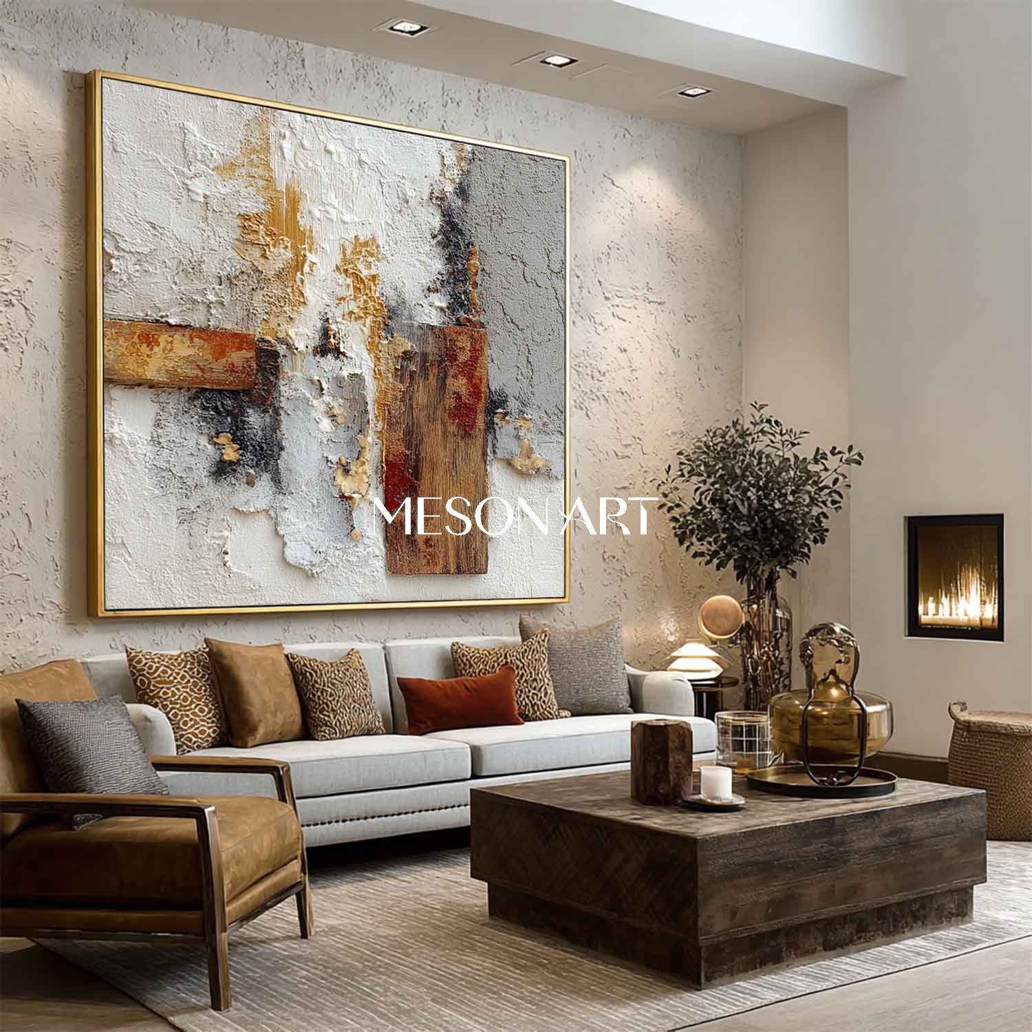 Modern Plaster Texture Square Abstract Painting Wall Art Entryway