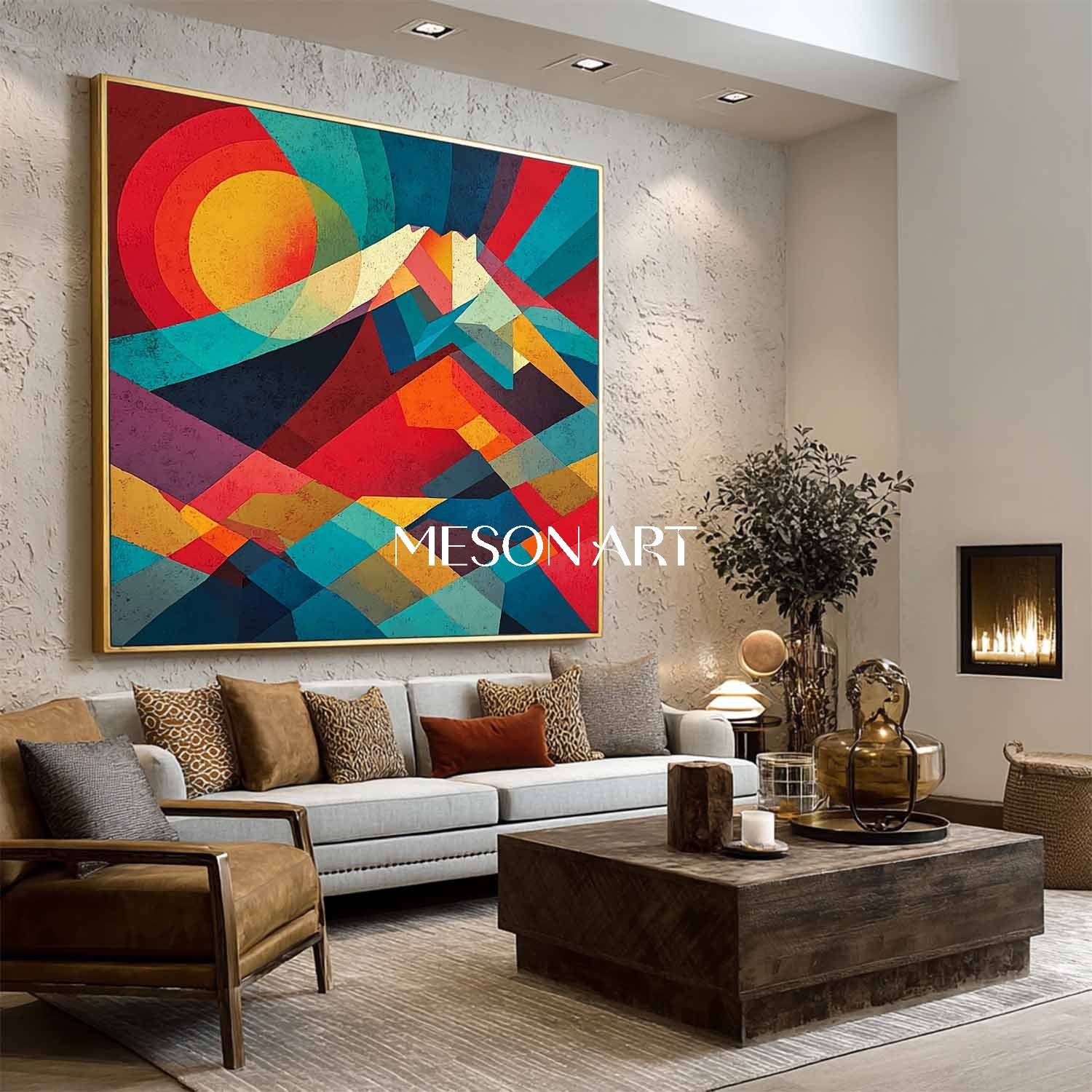 Colorful Geometric Sunrise Landscape Wall Art Abstract Mountain Canvas