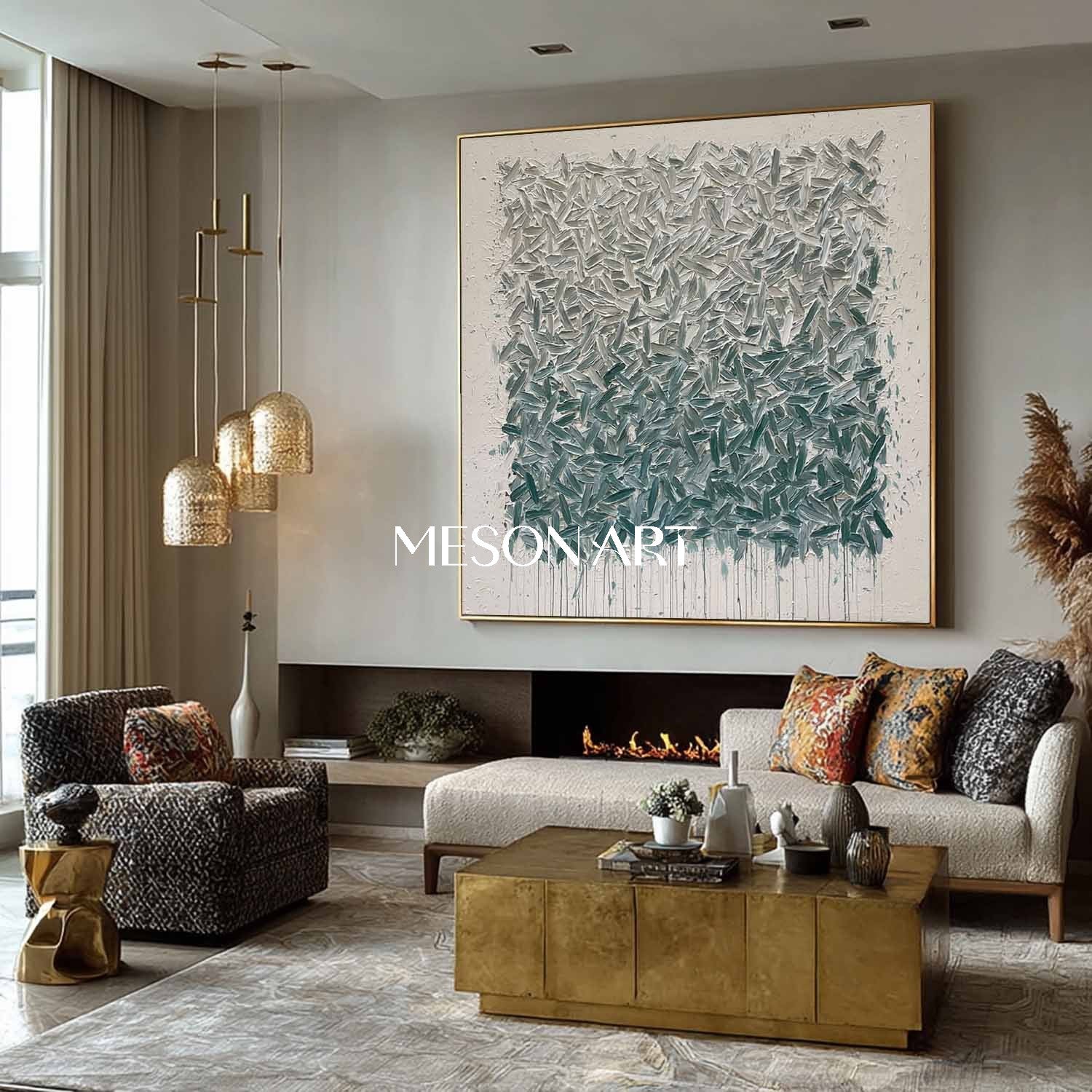 Teal Abstract Wall Art Textured Blue-Green Wabi-Sabi Canvas Painting