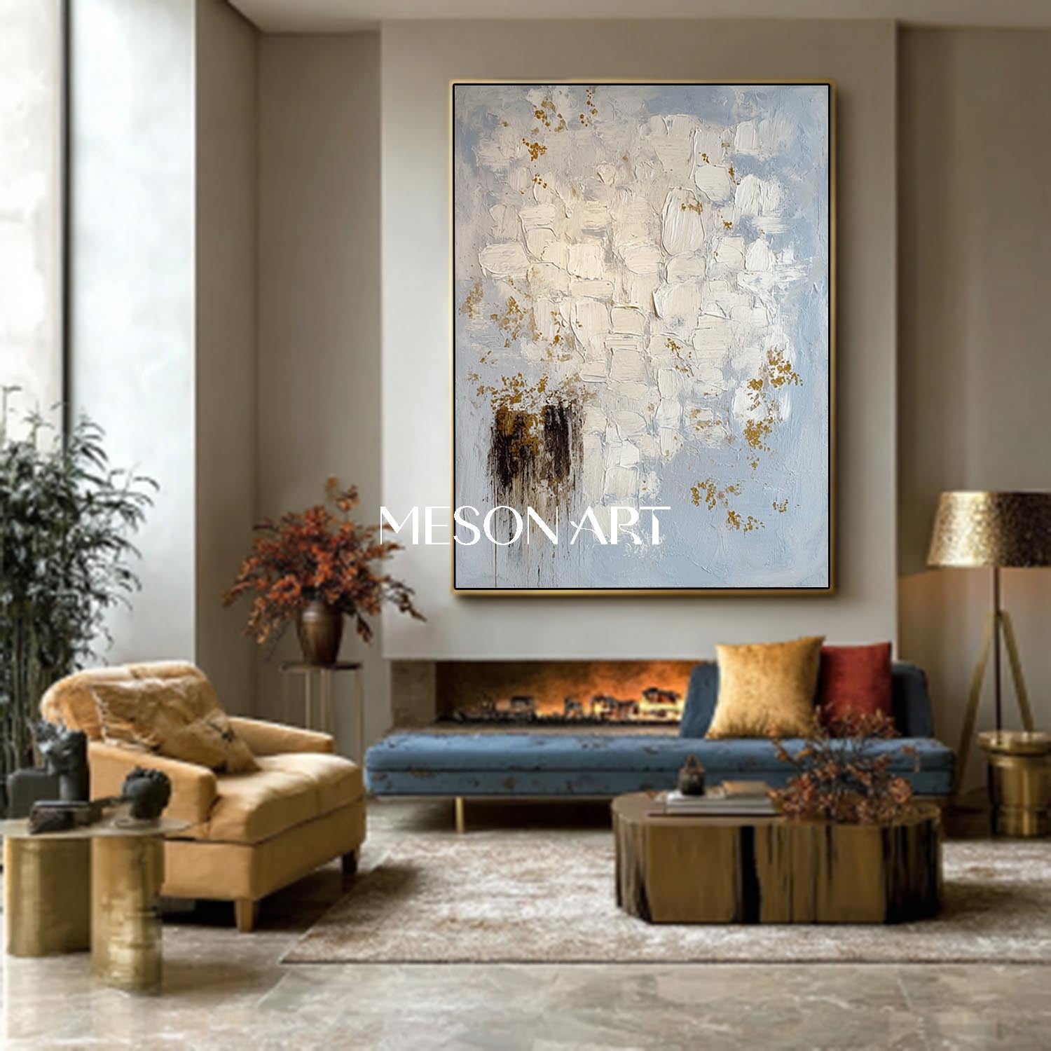 Minimalist Abstract Art Blue Beige Luxury Impasto Painting Wall Décor