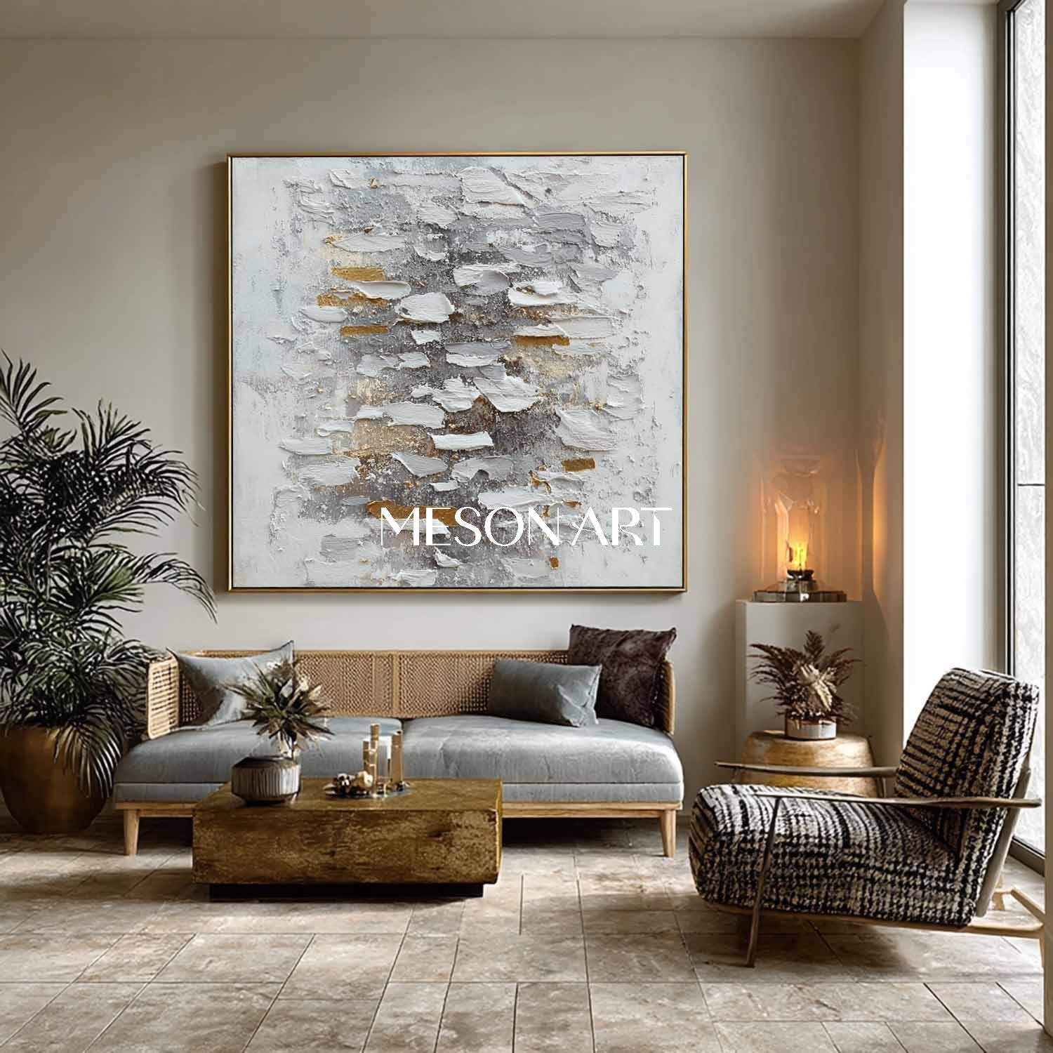 Handmade Abstract Wabi-Sabi Canvas Textured White Grey Gold Wall Art