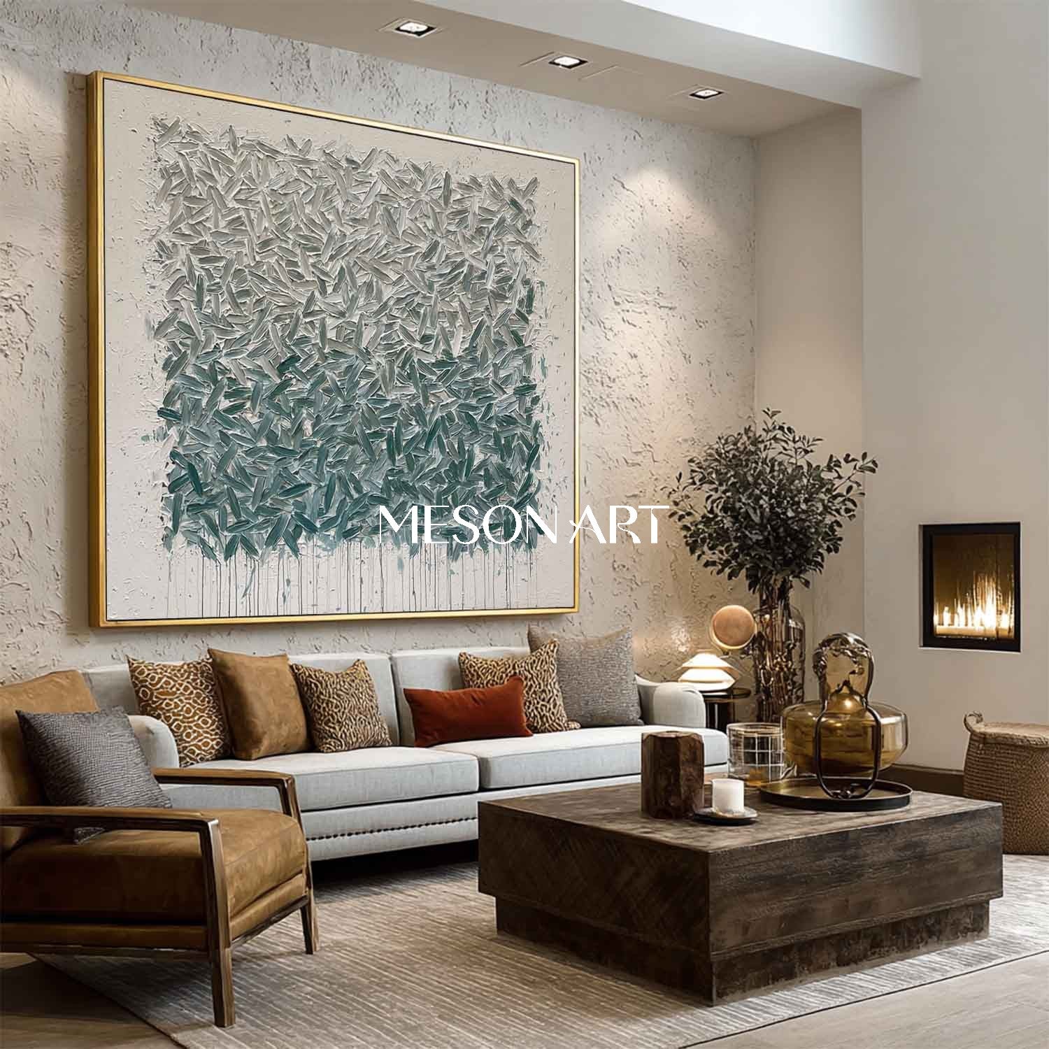 Teal Abstract Wall Art Textured Blue-Green Wabi-Sabi Canvas Painting