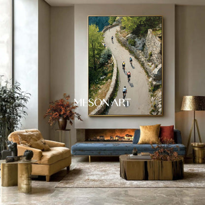 Spring Impasto Green Mountain Cycling Painting Textured Canvas Wall Art