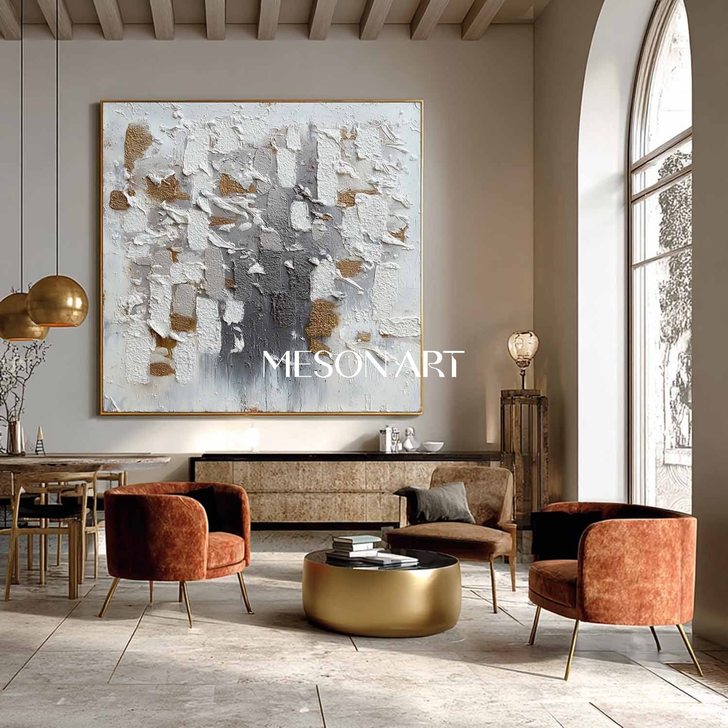 Geometric Abstract Wabi-Sabi Painting Textured White Grey Gold Canvas