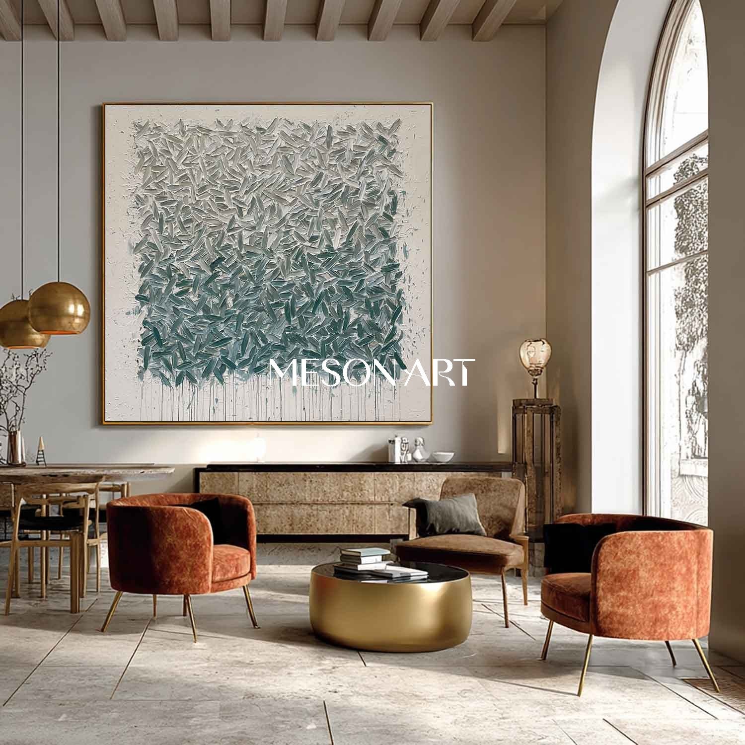 Teal Abstract Wall Art Textured Blue-Green Wabi-Sabi Canvas Painting