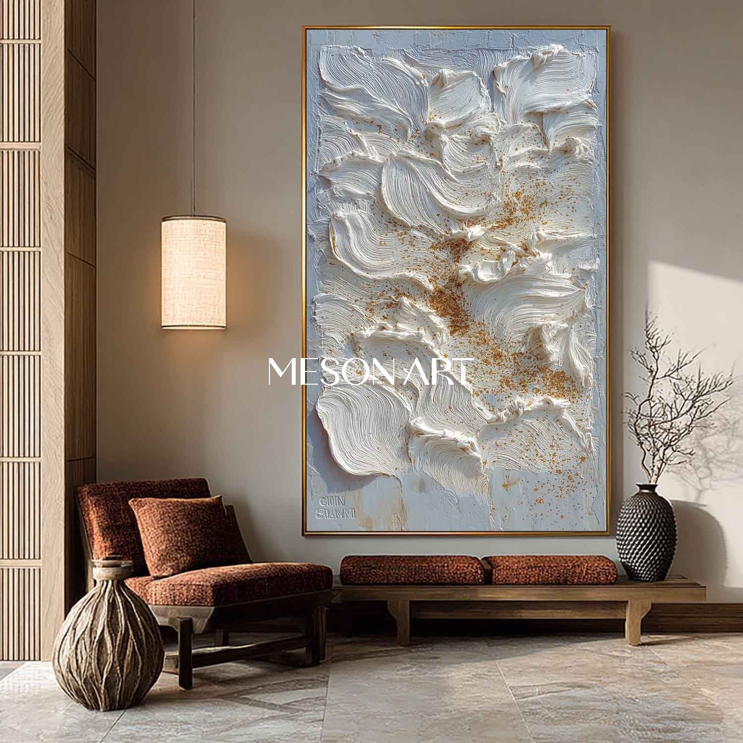 Vertical Abstract Painting White Petals Gold Textured Impasto Wall Art