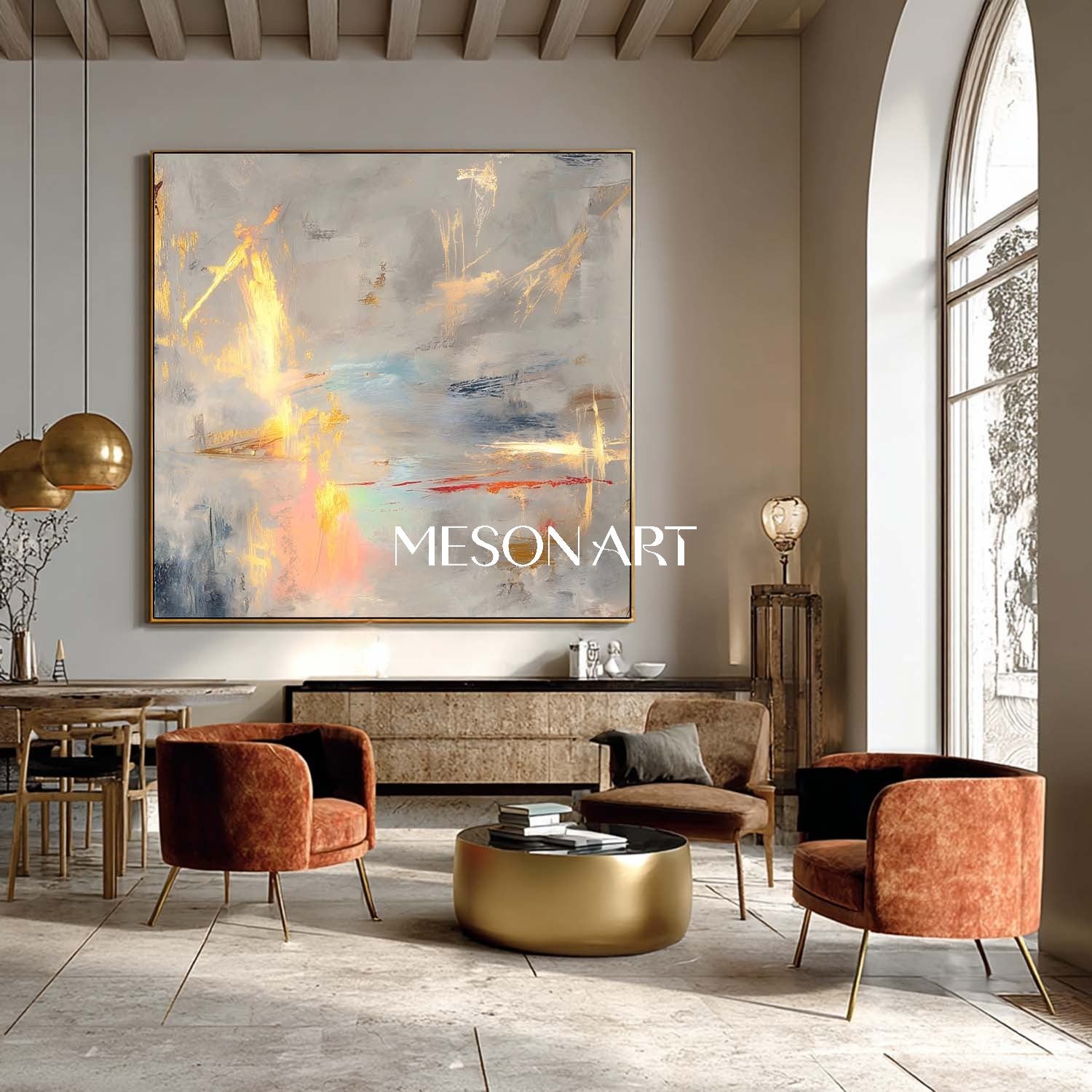 Gold Gray Modern Abstract Bedroom Painting Large Framed Wall Art