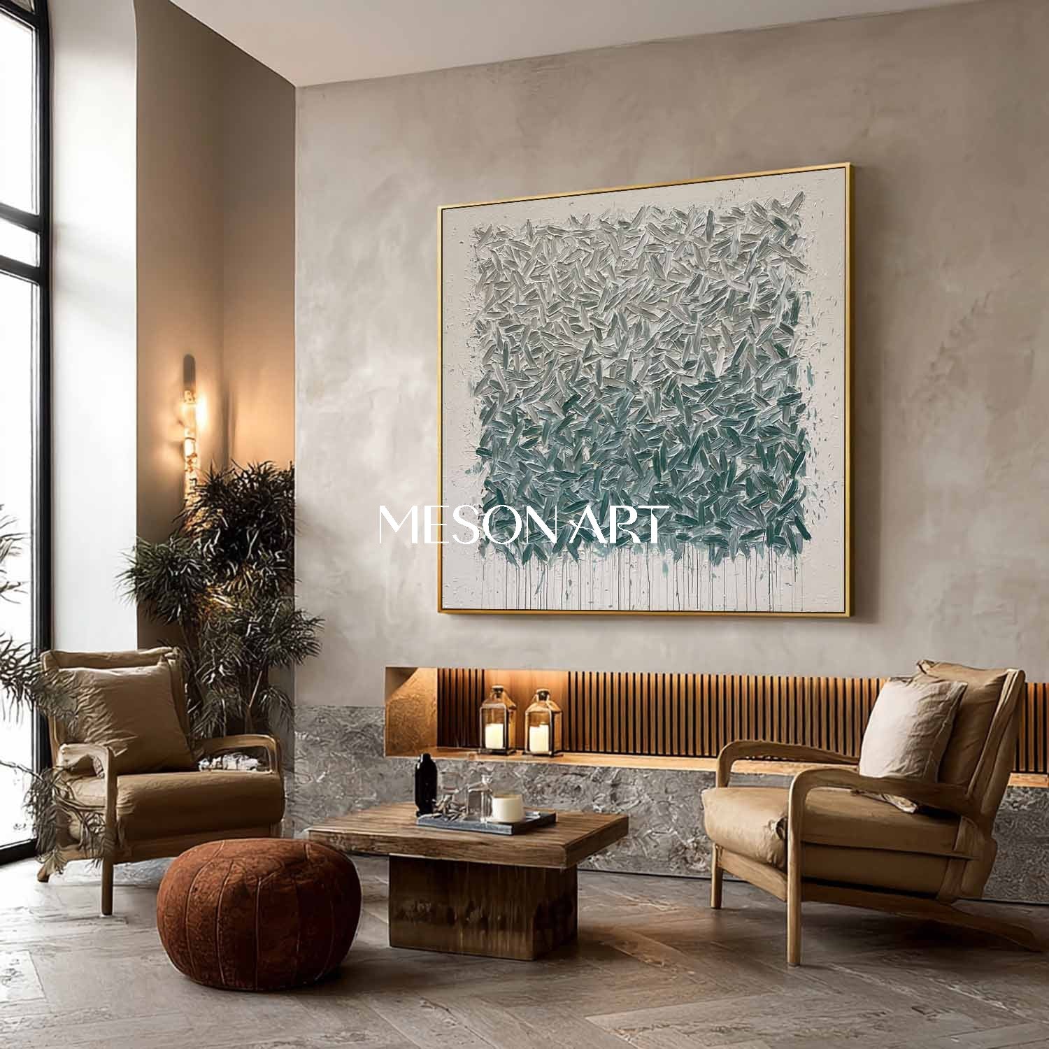 Teal Abstract Wall Art Textured Blue-Green Wabi-Sabi Canvas Painting