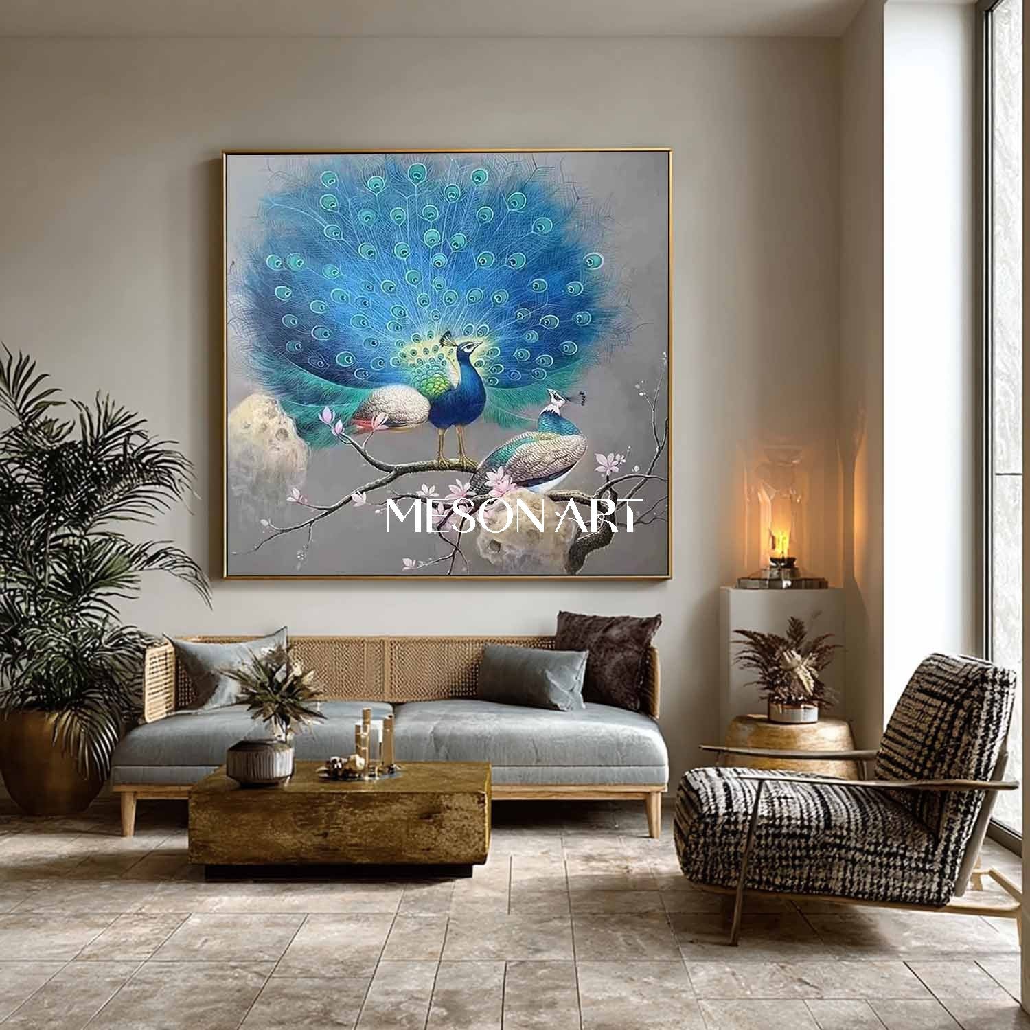 Modern Elegant Blue Peacock Wall Art Peacock Couple Canvas Painting