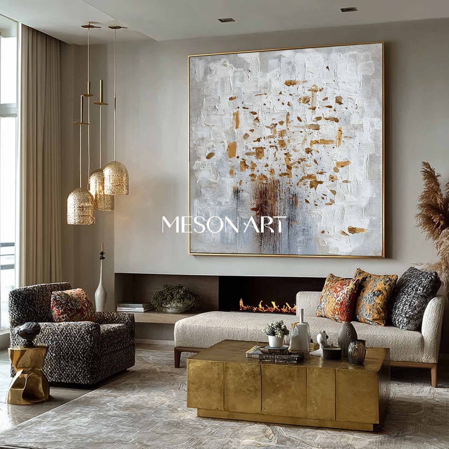 Abstract Canvas Painting White Grey Gold Texture Minimalist Home Decor