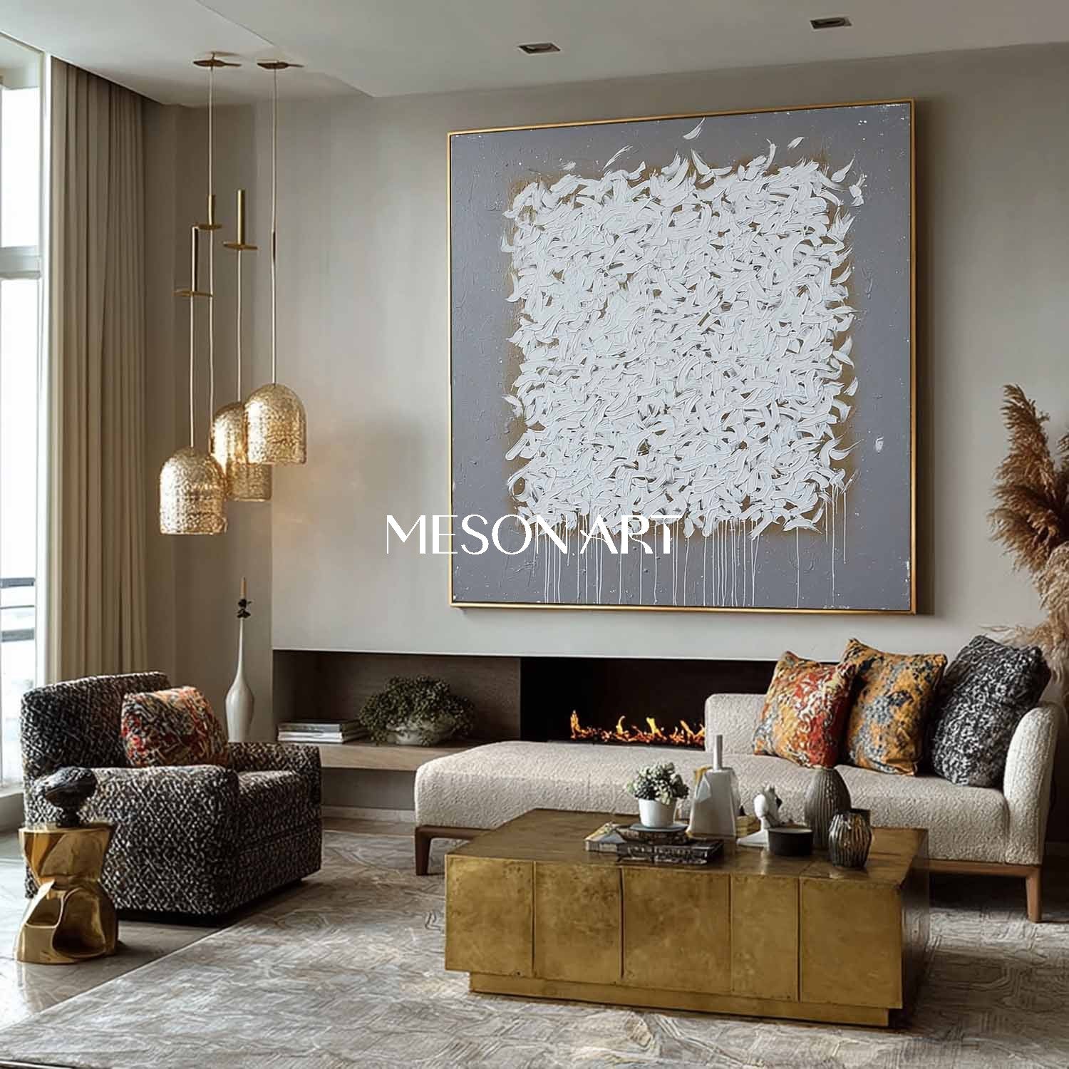 Wabi-Sabi Abstract Oil Painting White Brush Strokes Grey Canvas Art