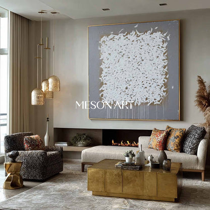 Wabi-Sabi Abstract Oil Painting White Brush Strokes Grey Canvas Art