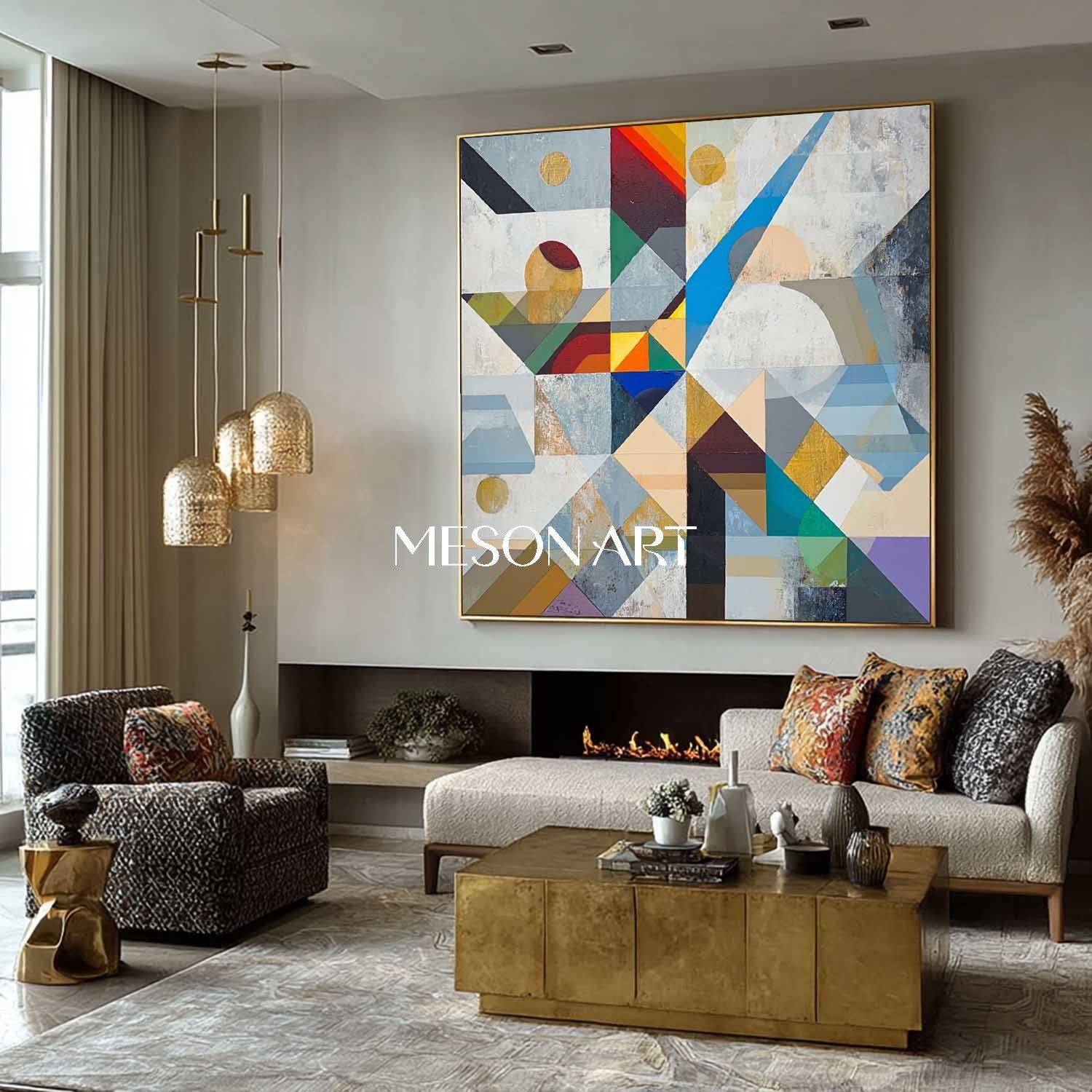 Bauhaus Geometric Abstract Wall Art Neutral Color Cubist Painting