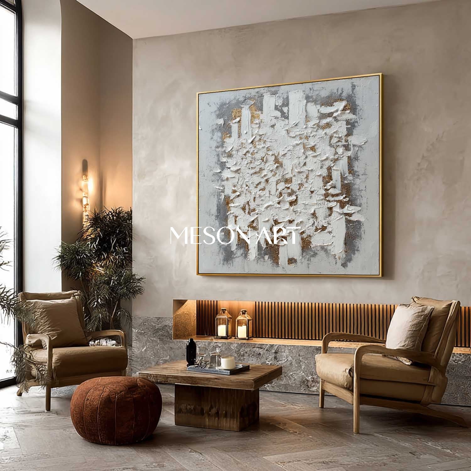 Wabi-Sabi Abstract Painting Textured Canvas White Gold Modern Wall Art