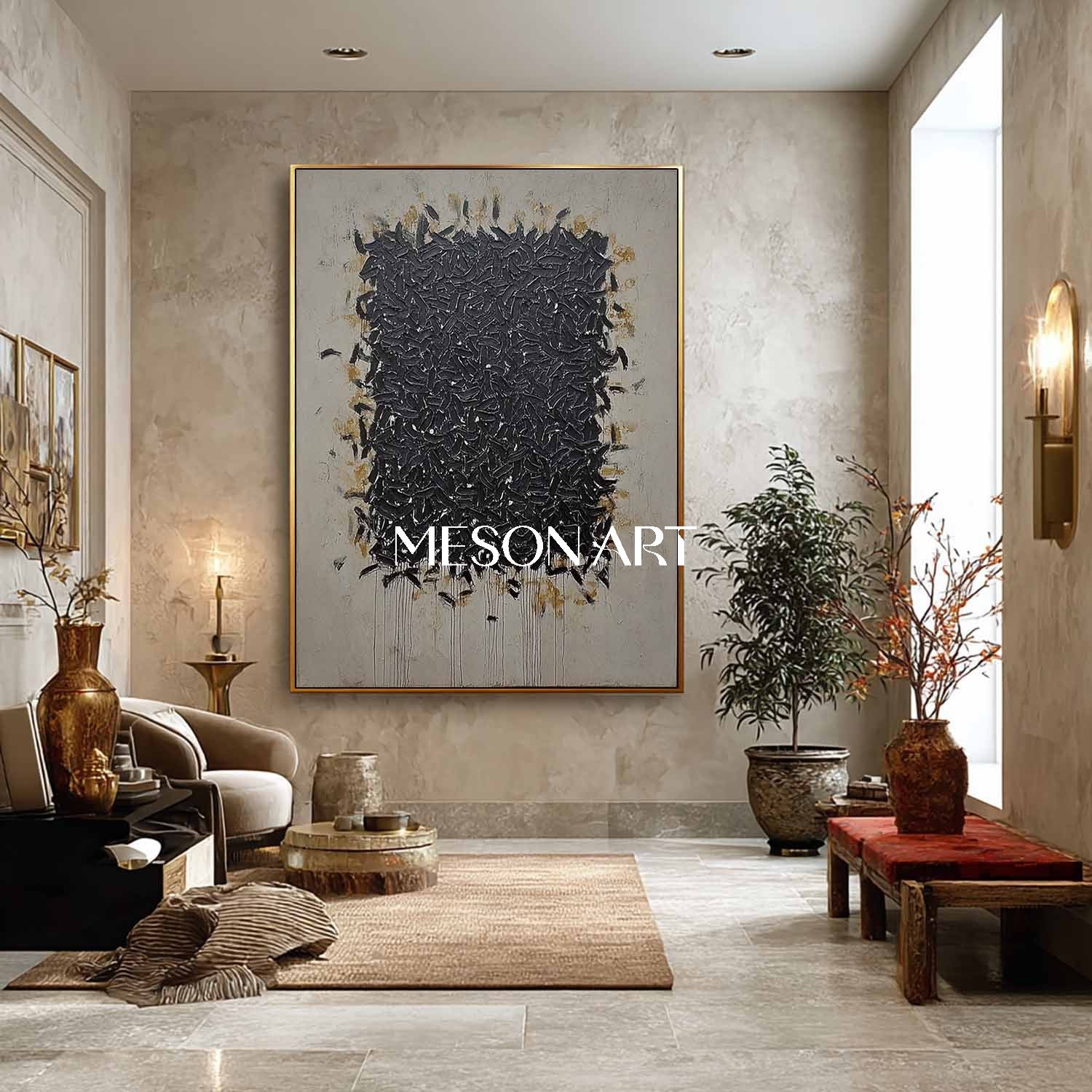 Handmade Black Abstract Painting Wabi-Sabi Style Minimalist Decor