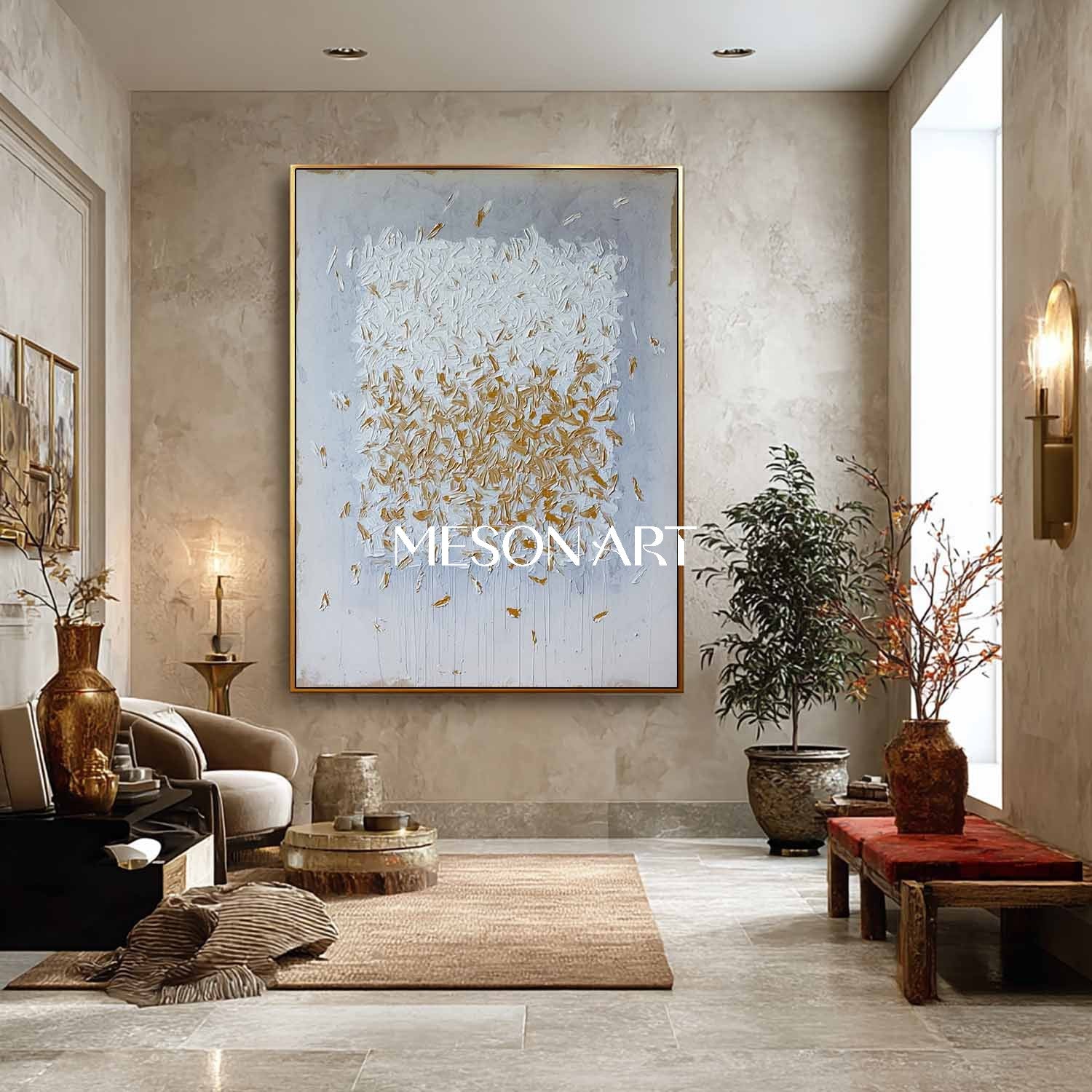 Large Abstract Canvas Painting Blue and Gold Brush Strokes Wall Art