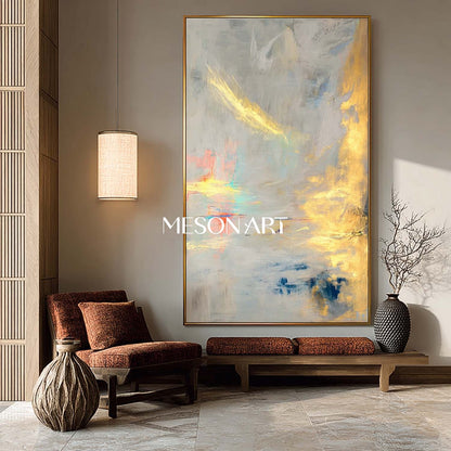 Gold Gray Abstract Textured Painting Large Vertical Entryway Wall Art