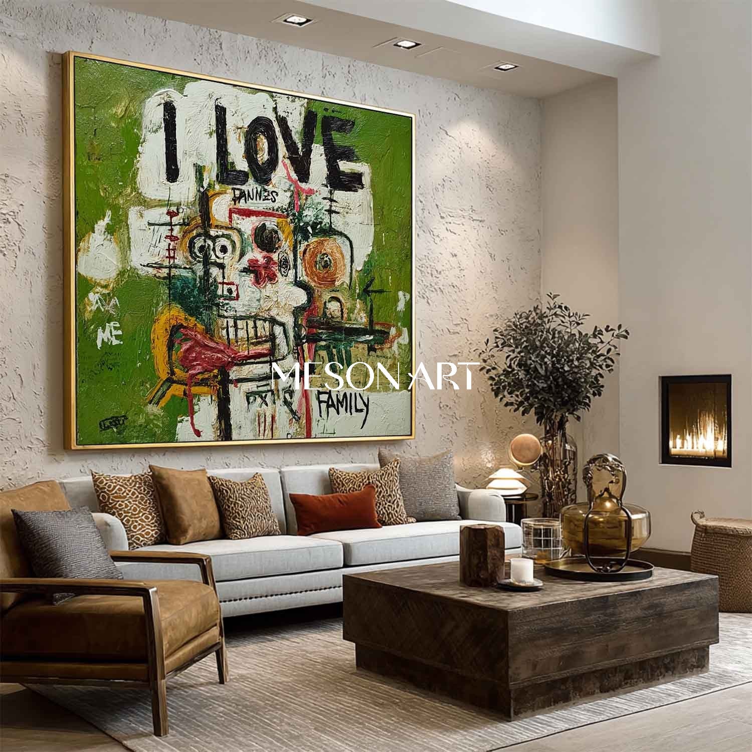 Basquiat Style Abstract Portrait Painting Modern Green Canvas Wall Art
