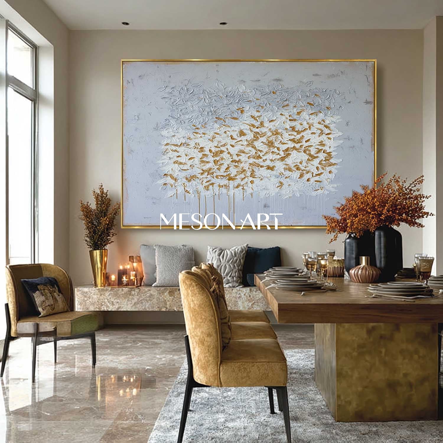 Abstract Expressionist Horizontal Painting Grey White Gold Canvas Art