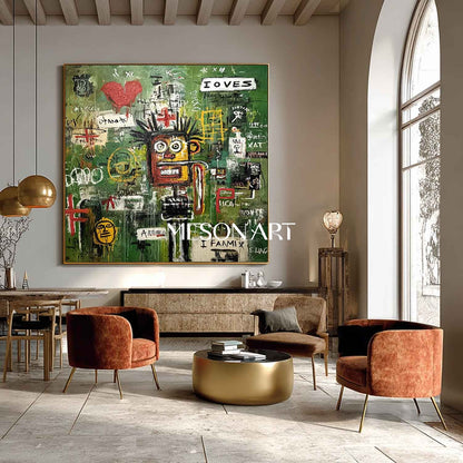 Abstract Graffiti Basquiat Style Green Expressionist Painting Wall Art