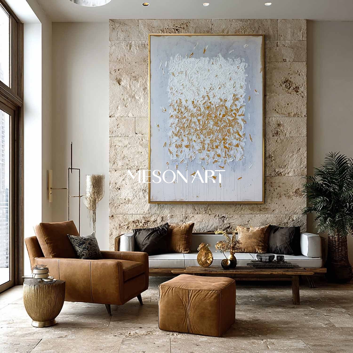 Large Abstract Canvas Painting Blue and Gold Brush Strokes Wall Art