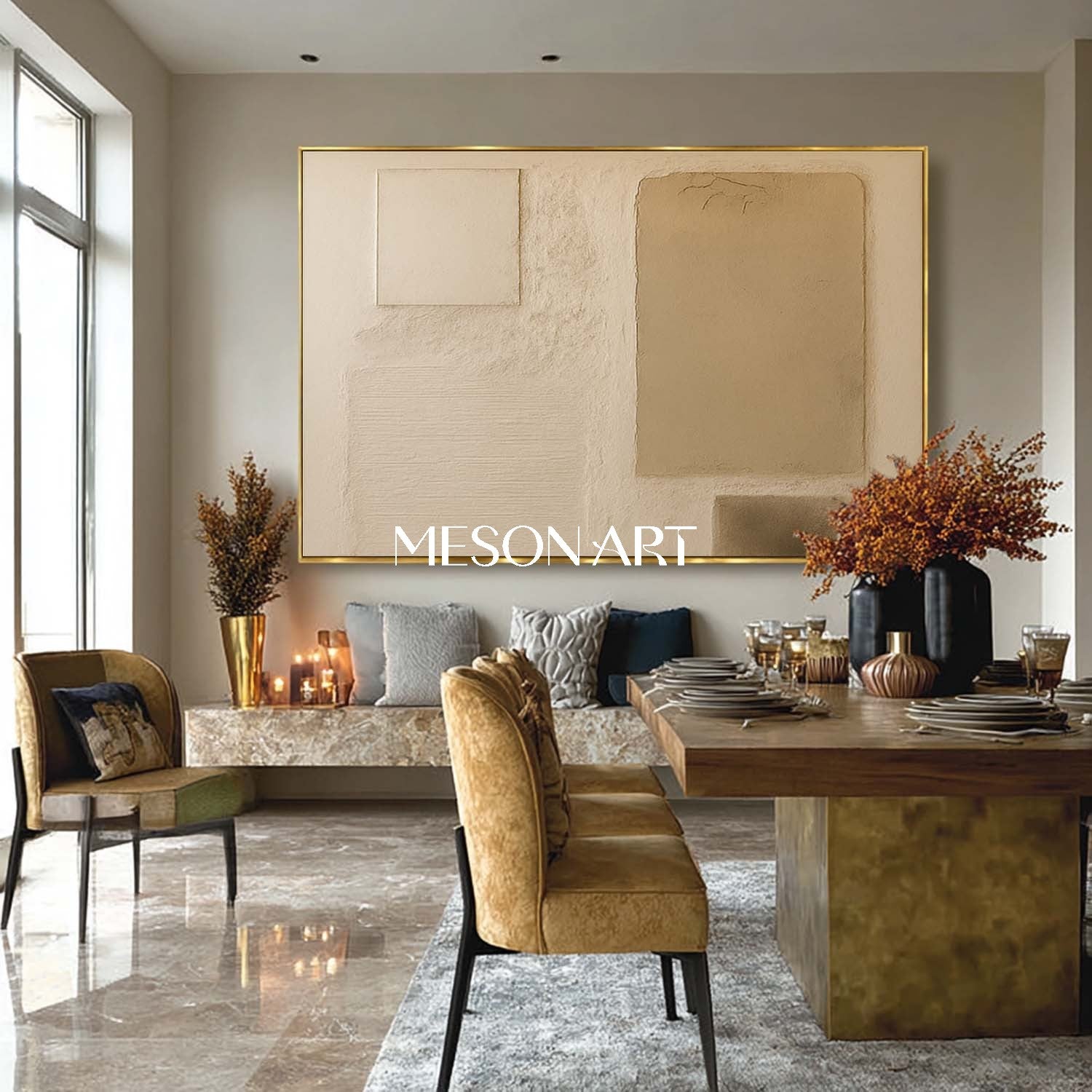 Large Horizontal Hand Painted Textured Canvas Wabi-Sabi Framed Art